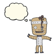cartoon funny old robot with thought bubble