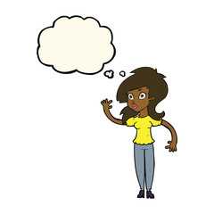 cartoon pretty woman waving with thought bubble