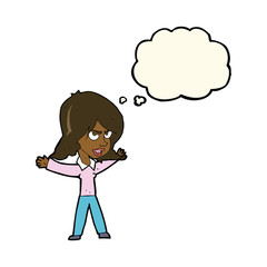 cartoon woman gesturing with thought bubble