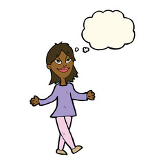 cartoon woman with no worries with thought bubble