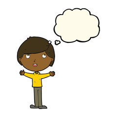 cartoon happy boy with thought bubble
