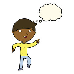 cartoon happy pointing with thought bubble