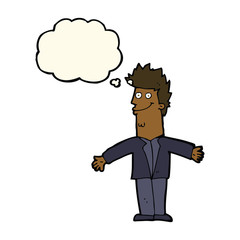 cartoon happy man with open arms with thought bubble