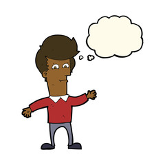 cartoon waving man with thought bubble