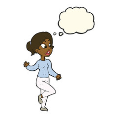 cartoon friendly woman waving with thought bubble