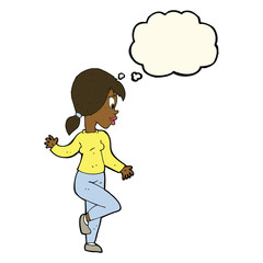 cartoon woman waving with thought bubble