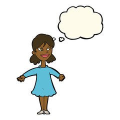 cartoon woman with open arms with thought bubble