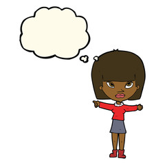cartoon woman pointing with thought bubble