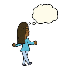 cartoon woman shrugging shoulders with thought bubble