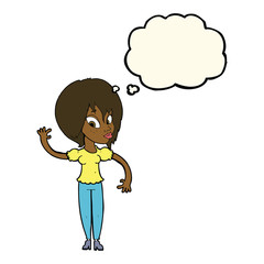 cartoon woman waving with thought bubble