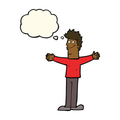 cartoon happy man with thought bubble