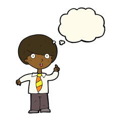 cartoon school boy answering question with thought bubble