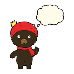 cartoon waving black bear with thought bubble