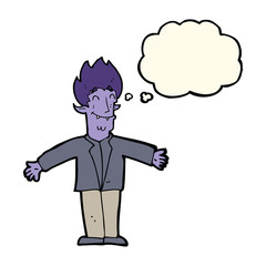 cartoon happy vampire with thought bubble