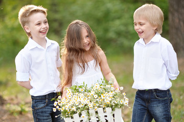 three children playing on meadow in summer