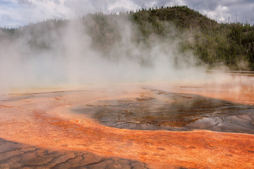 Fog on Grand Prismatic Spring in Yellowstone National Park
