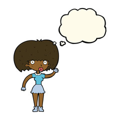 cartoon woman waving with thought bubble