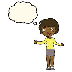 cartoon confused woman with thought bubble