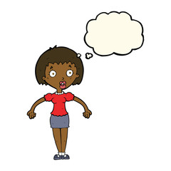 cartoon confused woman shrugging shoulders with thought bubble