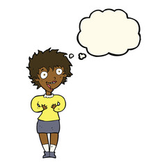 cartoon excited woman with thought bubble