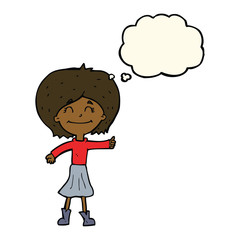 cartoon happy girl giving thumbs up symbol with thought bubble