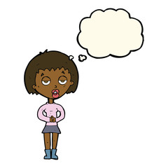 cartoon bored woman waiting with thought bubble