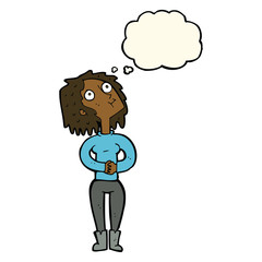 cartoon woman looking upwards with thought bubble