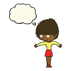 cartoon woman panicking with thought bubble