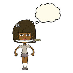 cartoon woman with knife between teeth with thought bubble