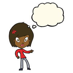 cartoon pretty woman pointing with thought bubble