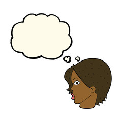 cartoon staring woman with thought bubble