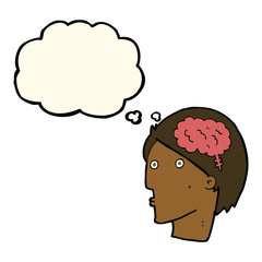 cartoon man with brain symbol with thought bubble
