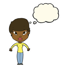 cartoon woman shrugging shoulders with thought bubble