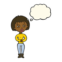 cartoon tired woman with thought bubble