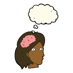 cartoon female head with brain symbol with thought bubble