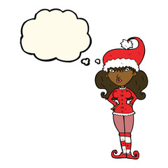 cartoon santa's helper woman with thought bubble