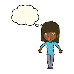 cartoon woman shrugging with thought bubble
