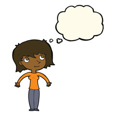 cartoon woman shrugging with thought bubble