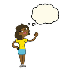 cartoon woman waving  with thought bubble
