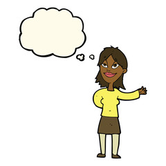 cartoon woman gesturing to show something with thought bubble