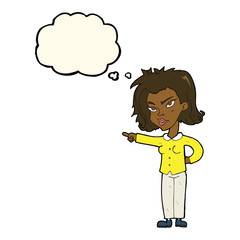 cartoon woman pointing with thought bubble