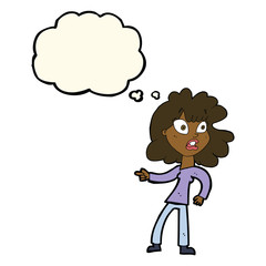 cartoon worried woman pointing with thought bubble