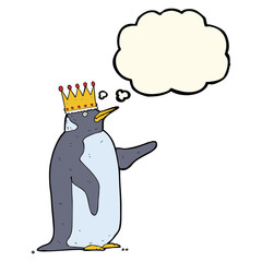 cartoon penguin wearing crown with thought bubble