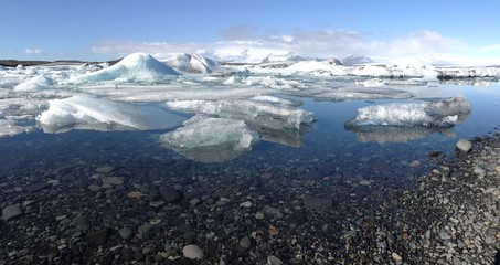Jökulsárlón Glacier lagoon southeast Iceland with big pieces of ice in the morning Panorama