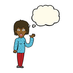 cartoon shocked woman waving hand with thought bubble