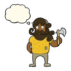 cartoon lumberjack with axe with thought bubble