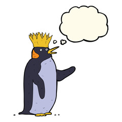 cartoon emperor penguin waving with thought bubble