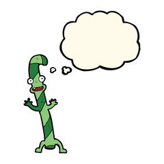 cartoon dancing christmas candy cane with thought bubble