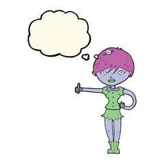 cartoon vampire girl giving thumbs up symbol with thought bubble