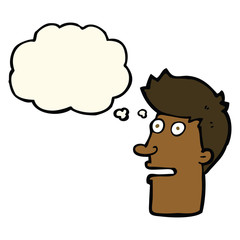 cartoon shocked male face with thought bubble